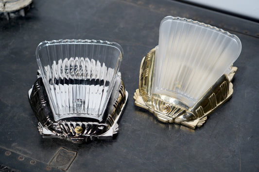 Art Glass - Art-deco Carved Brass and Faceted Glass Wall Sconce
