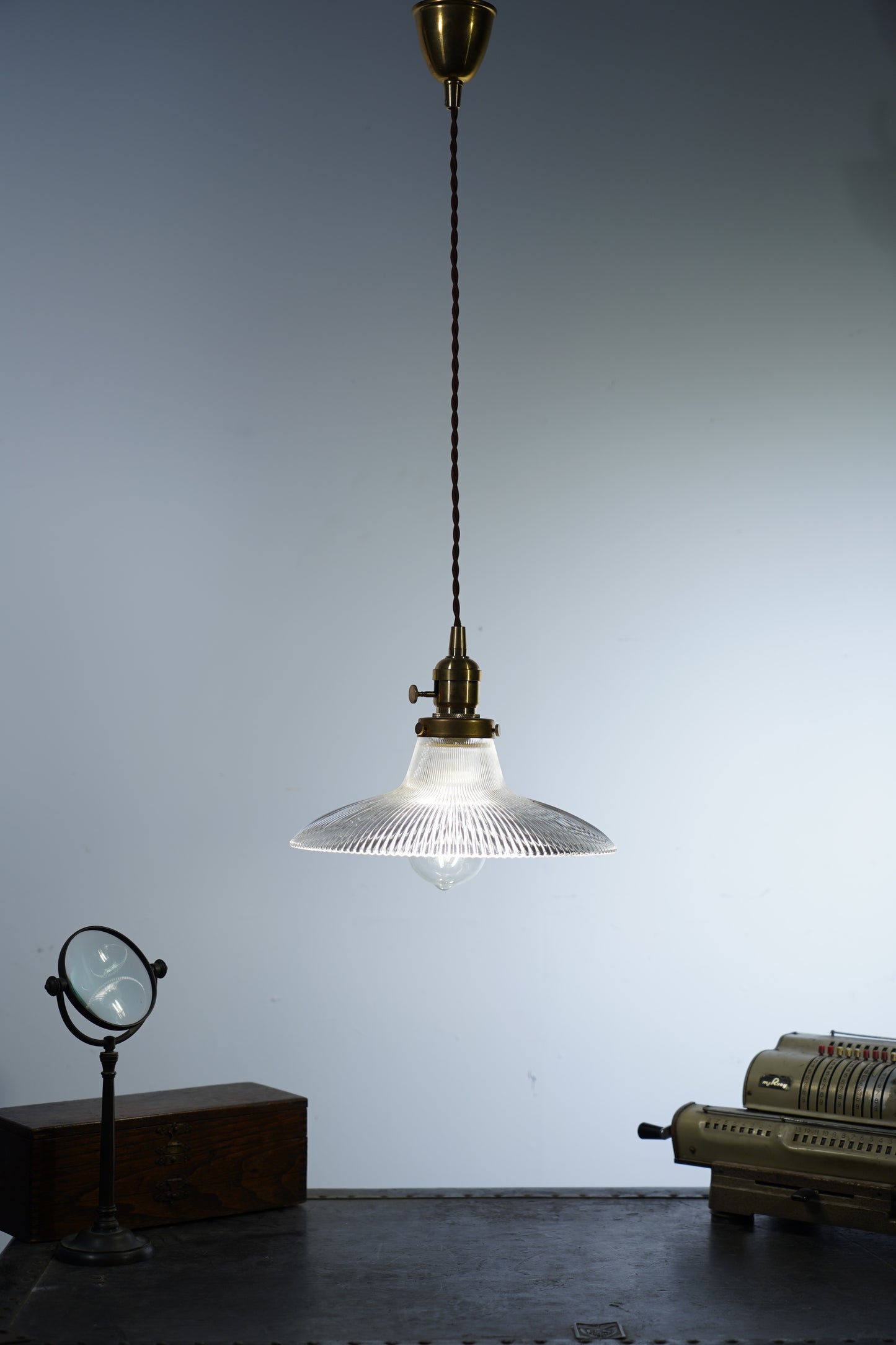Rope Ray - Vintage Industrial Brass and Glass Pendant Light