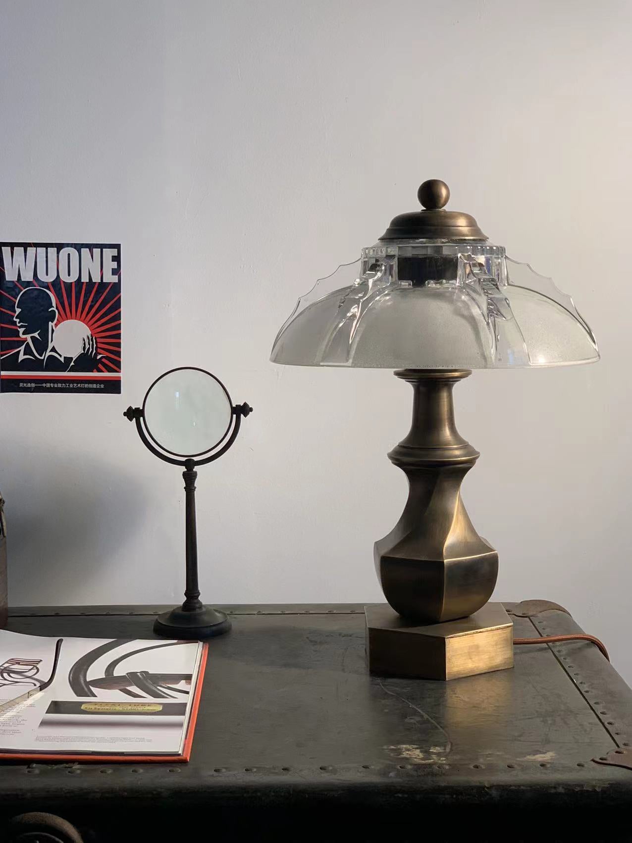 Brassco - Vintage Industrial Table Lamp with Art-Deco Glass 12'' Shade