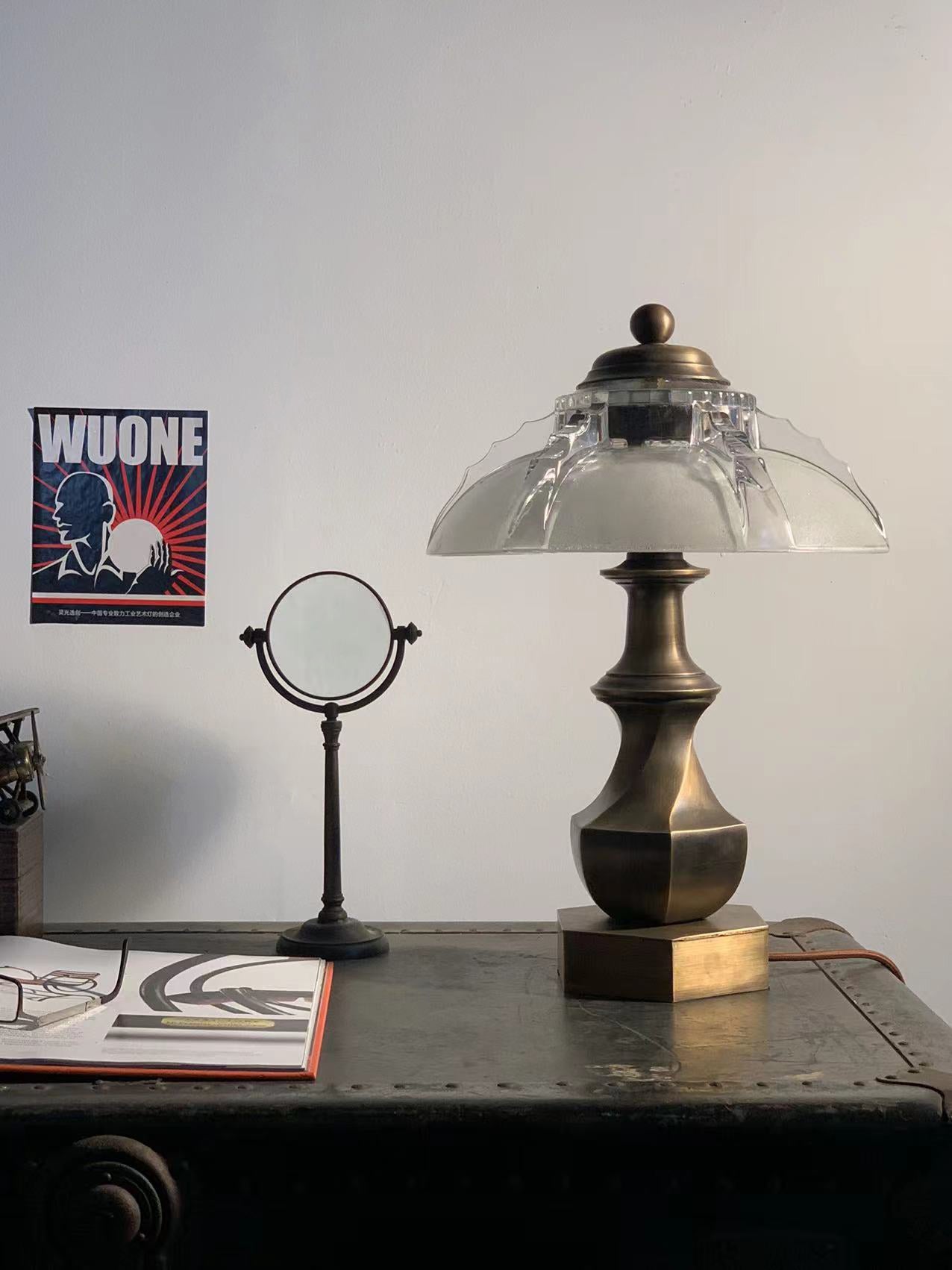 Brassco - Vintage Industrial Table Lamp with Art-Deco Glass 12'' Shade