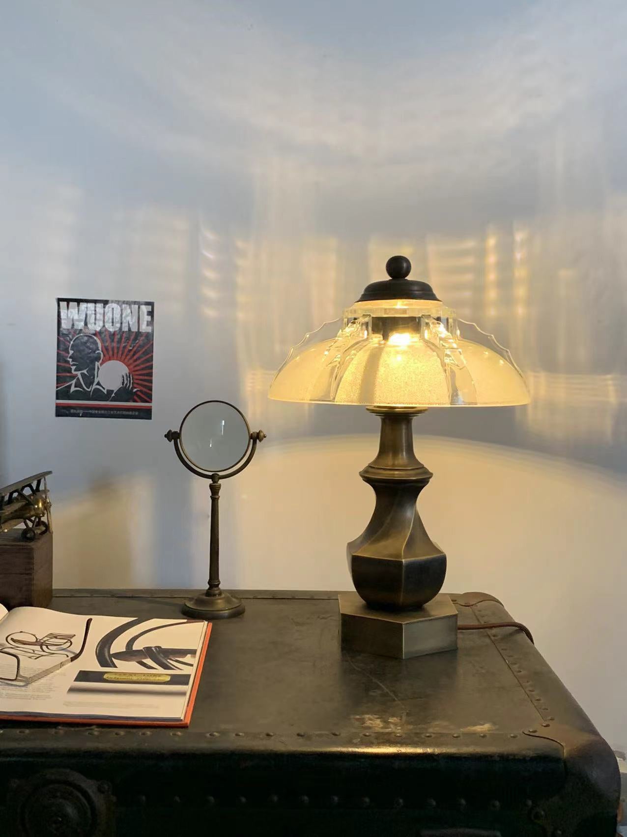Brassco - Vintage Industrial Table Lamp with Art-Deco Glass 12'' Shade