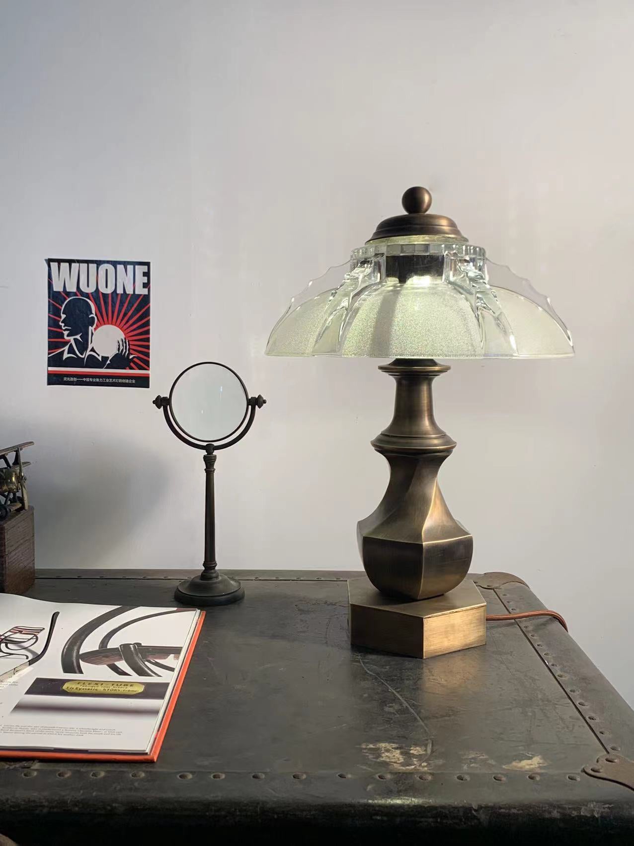 Brassco - Vintage Industrial Table Lamp with Art-Deco Glass 12'' Shade