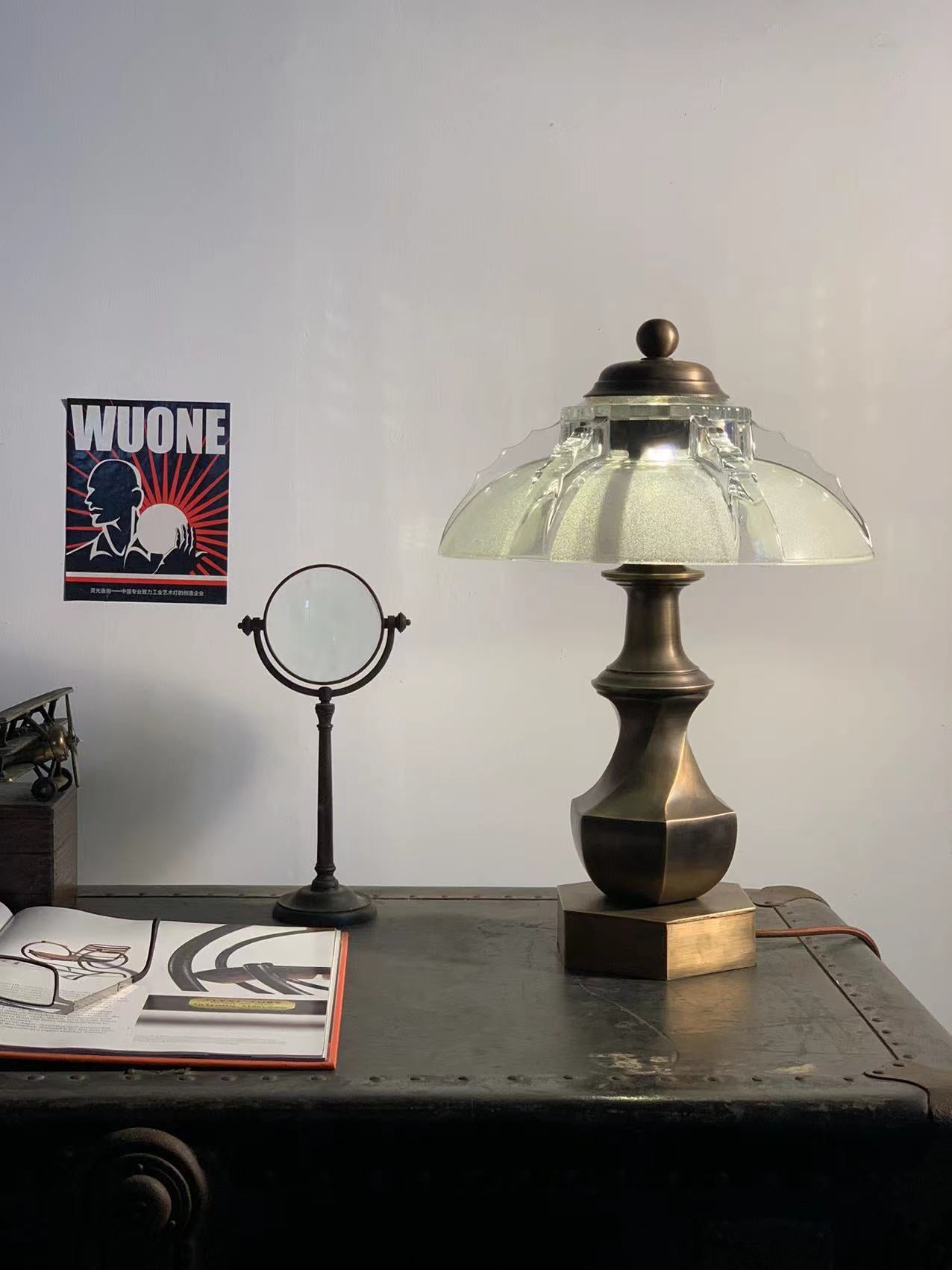 Brassco - Vintage Industrial Table Lamp with Art-Deco Glass 12'' Shade