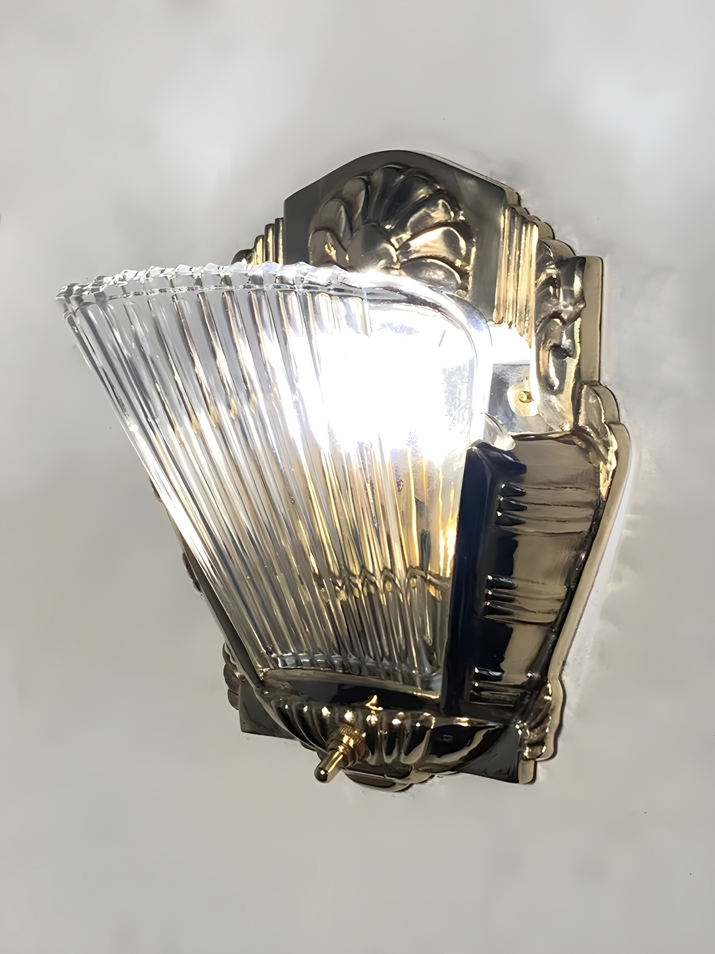 Art Glass - Art-deco Carved Brass and Faceted Glass Wall Sconce