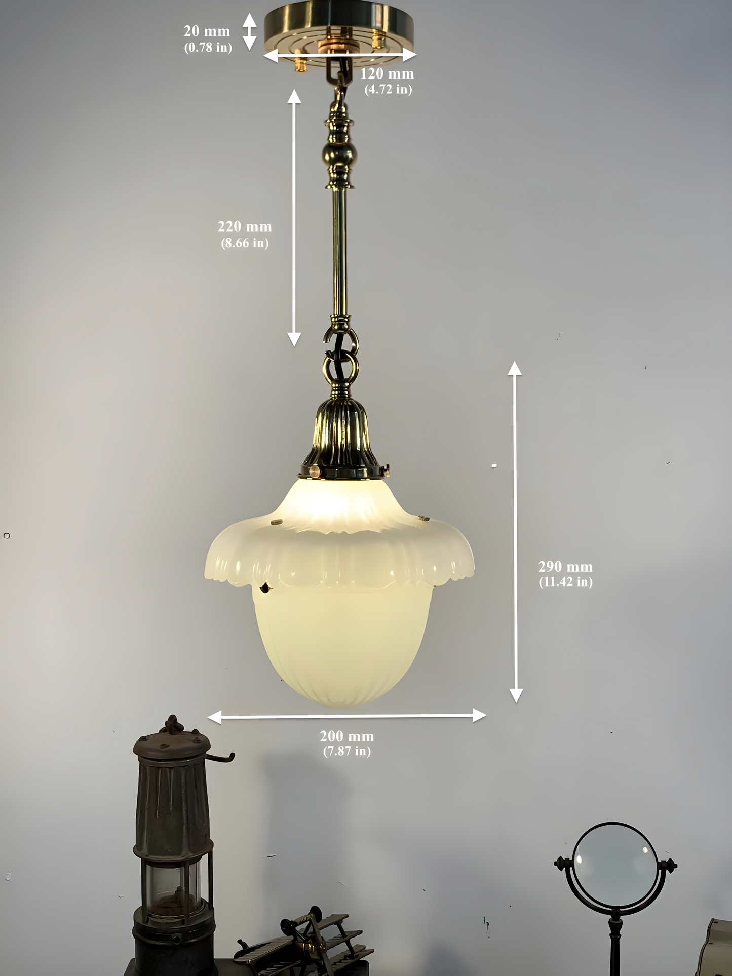 Jade Glow - Art-Deco Brass and Milky White Glass 8'' Pendant