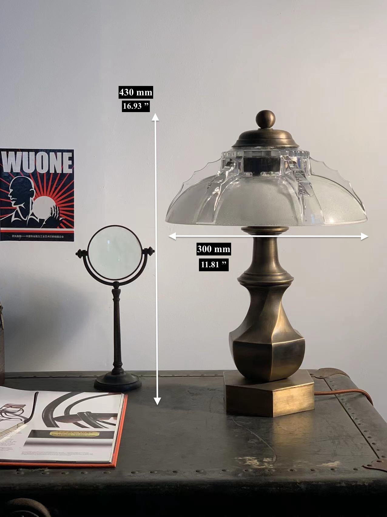 Brassco - Vintage Industrial Table Lamp with Art-Deco Glass 12'' Shade