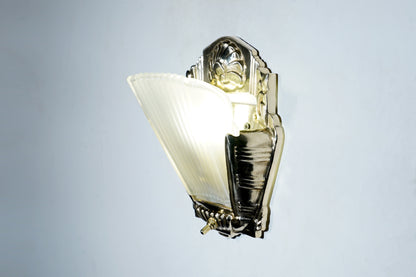 Art Glass - Art-deco Carved Brass and Faceted Glass Wall Sconce