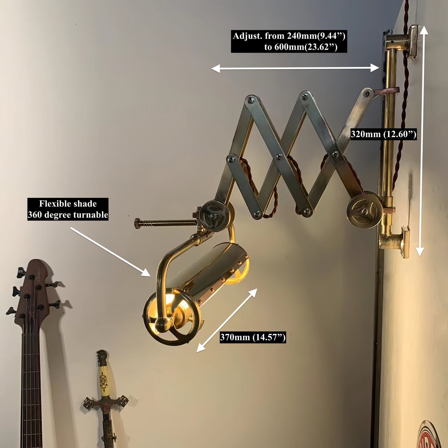 Flexi - Turnable lampshade and Adjustable Arm Vintage Industrial Brass Wall Sconce
