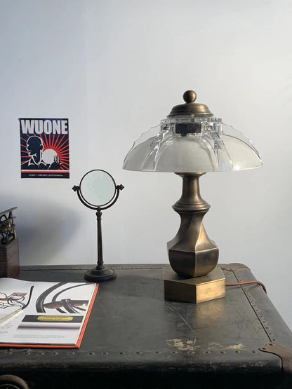 Brassco - Vintage Industrial Table Lamp with Art-Deco Glass 12'' Shade