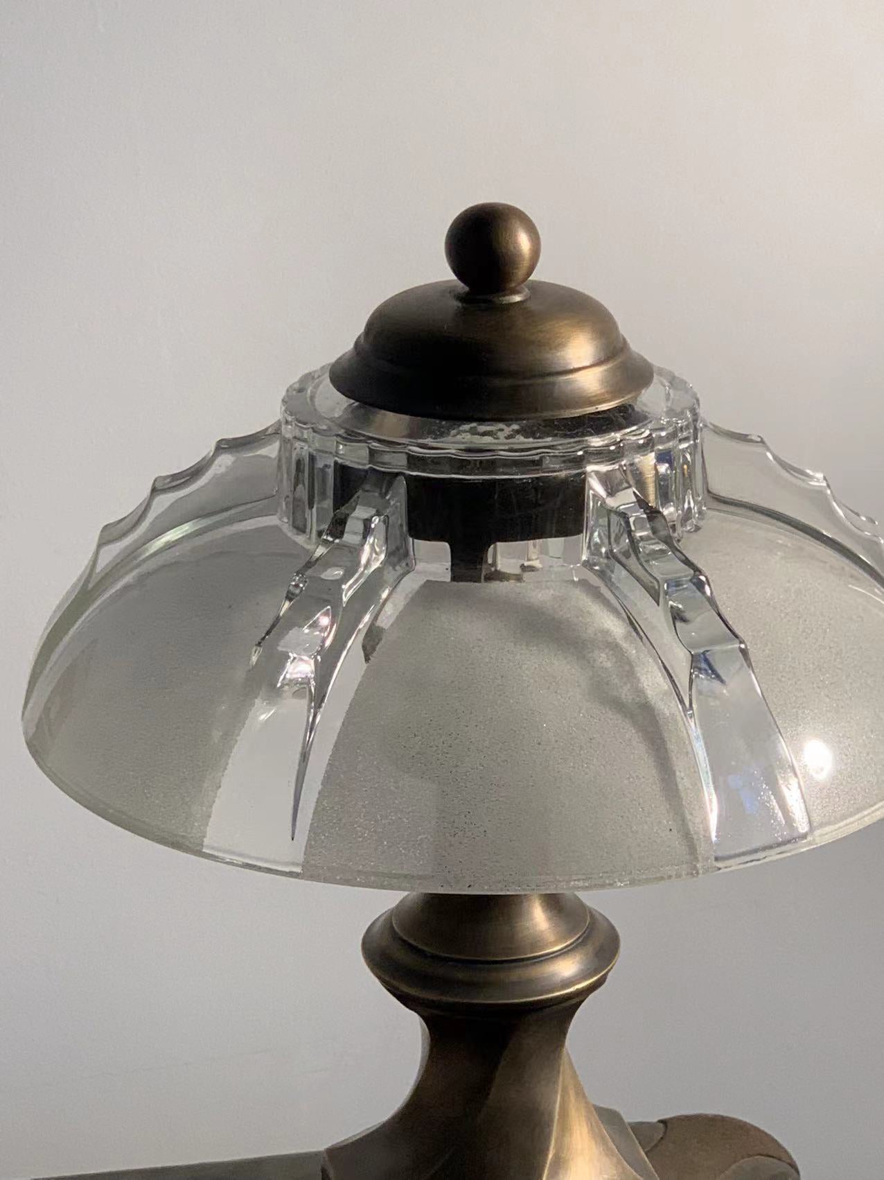 Brassco - Vintage Industrial Table Lamp with Art-Deco Glass 12'' Shade