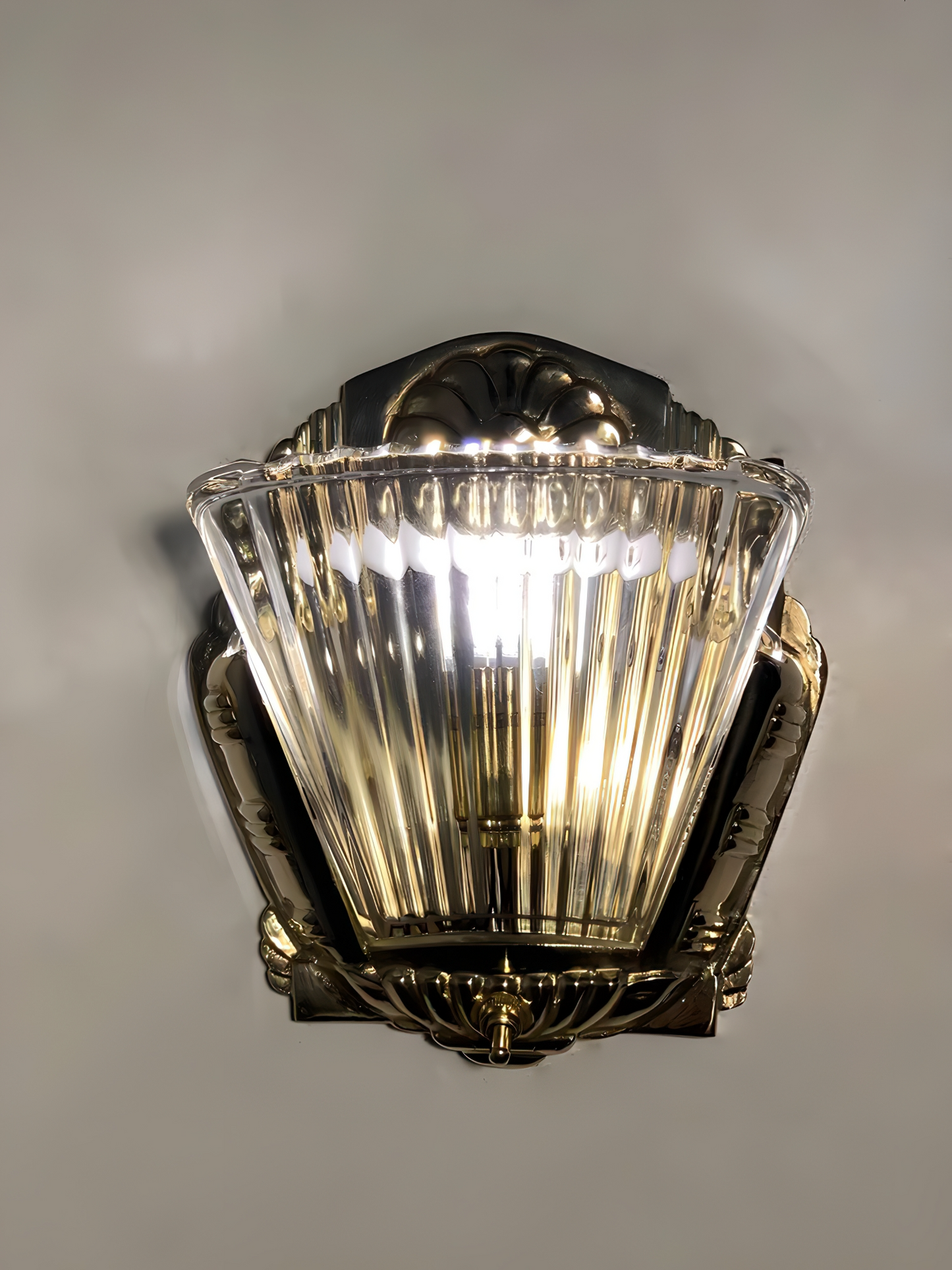 Art Glass - Art-deco Carved Brass and Faceted Glass Wall Sconce